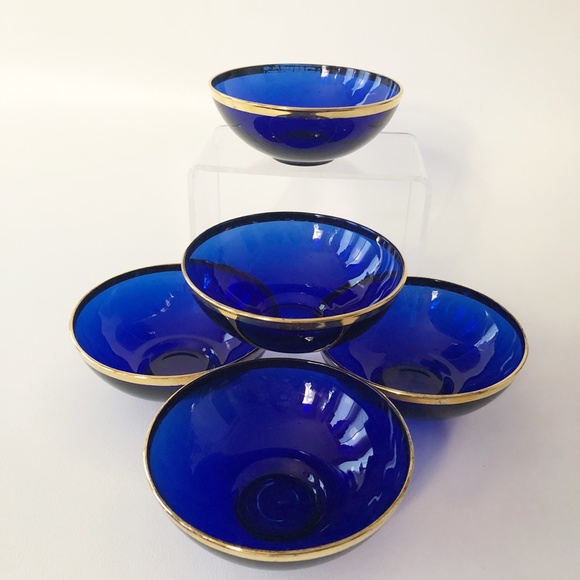 unmarked Other - x5- VTG Cobalt Blue Depression Glass Bowl w Gold Rim Soup Cereal Salad 5.5" EUC